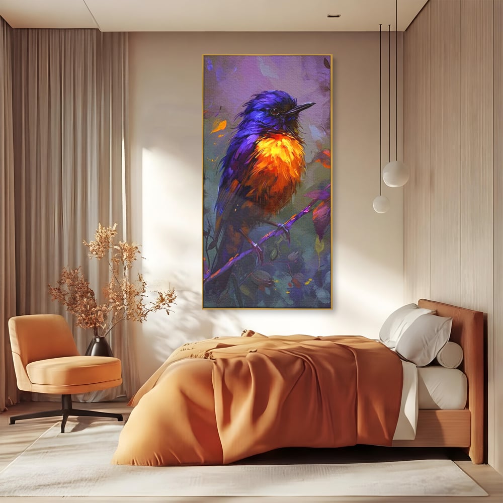 Tablou canvas cu tablou canvas cu pasare colorata pe ramura, in rama de aluminiu auriu, pe perete intr-un dormitor